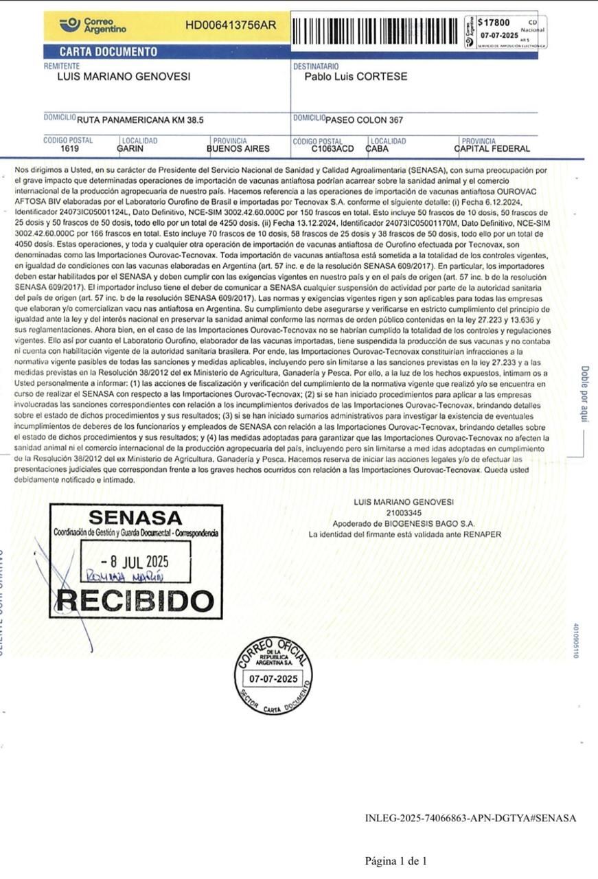 La carta documento enviada por el laboratorio Biogénesis Bagó a Pablo Cortese, saliente presidente del Senasa