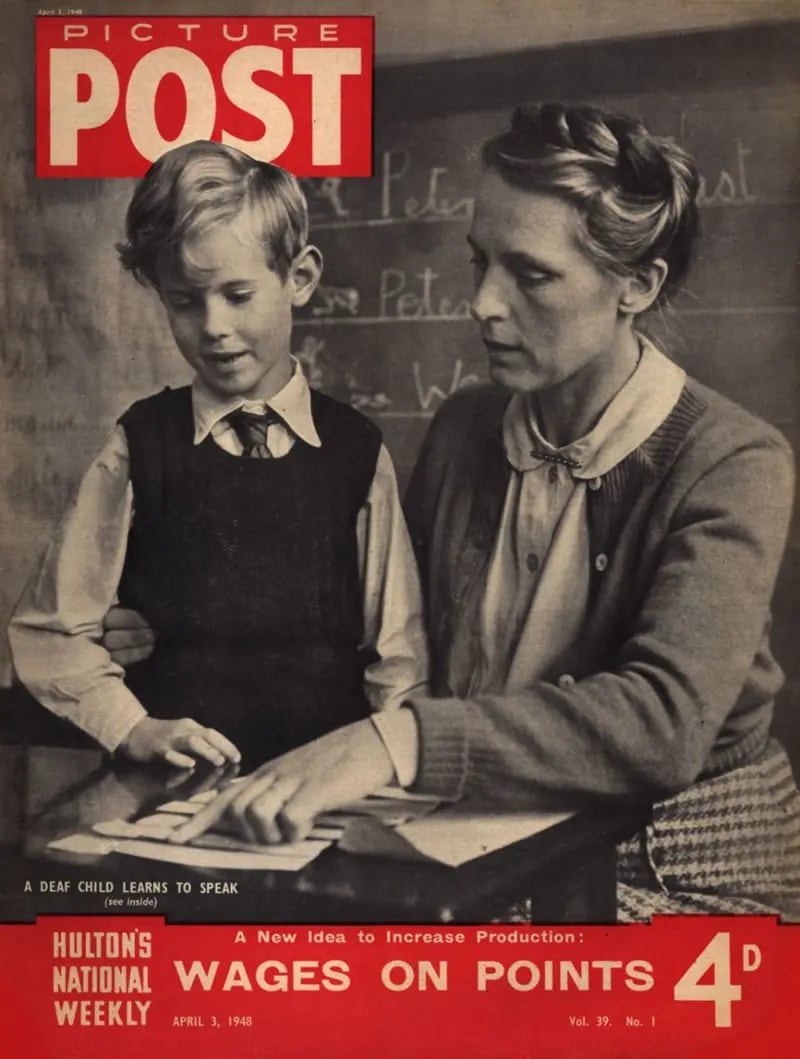 Portada de Picture Post, 3 de abril de 1948. Ilustraba un reportaje fotográfico que presentaba el aprendizaje del habla por parte de un niño sordo como una historia de superación, acorde con el énfasis oralista de la época
