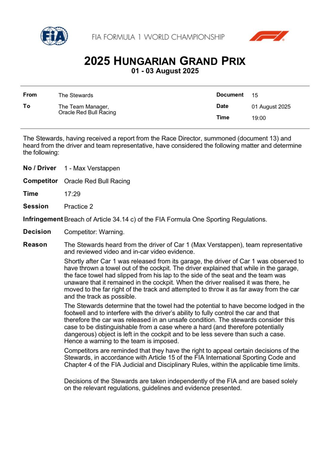 El comunicado de la FIA, anunciando la decisión sobre el caso Verstappen