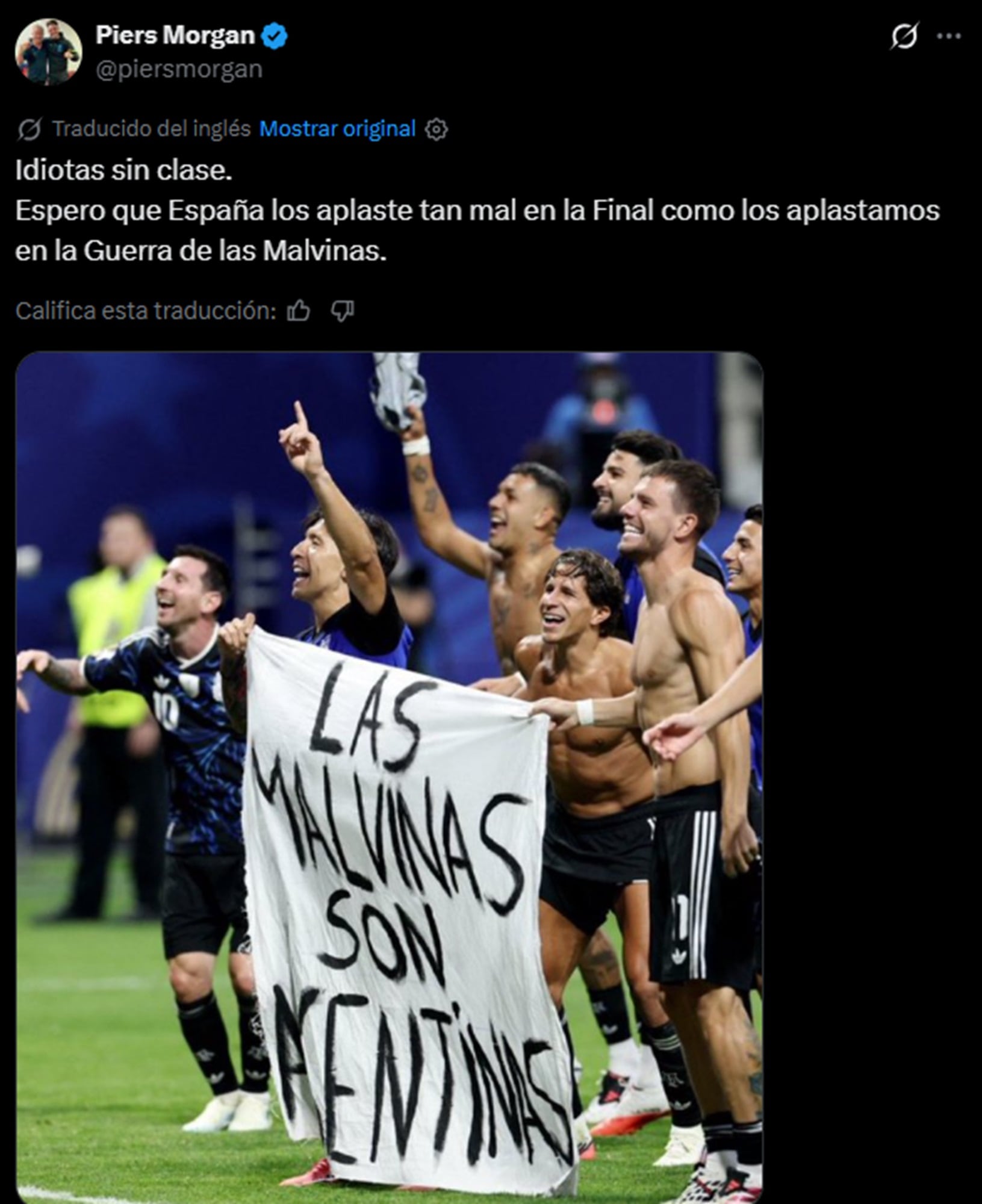 Piers Morgan fue muy duro contra la selección argentina tras la aparición de la bandera sobre las Malvinas