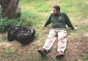 Tomy y su cuidador, Martín Davids, dentro del recinto destinado a los chimpancés del Zoo de La Plata