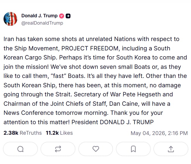 Captura de la publicación de Trump. Fuente: Truth Social