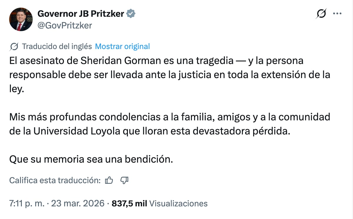 El mensaje del gobernador J.B. Pritzker tras la muerte de Sheridan Gorman (X/@GovPritzker)