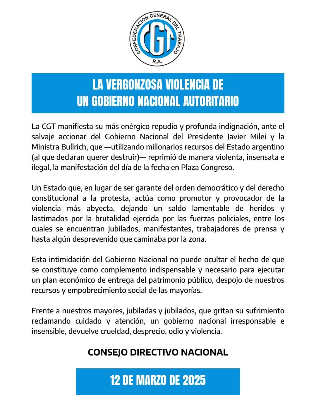 El comunicado de la CGT por la represión