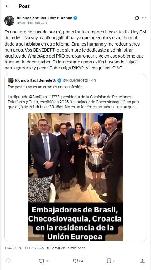 El descargo de Juliana Santillán tras la mención errónea a Checoslovaquia en una historia de Instagram