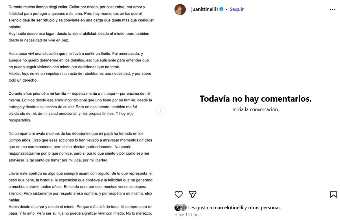 El mensaje de Juanita contando la situación en su cuenta de Instagram