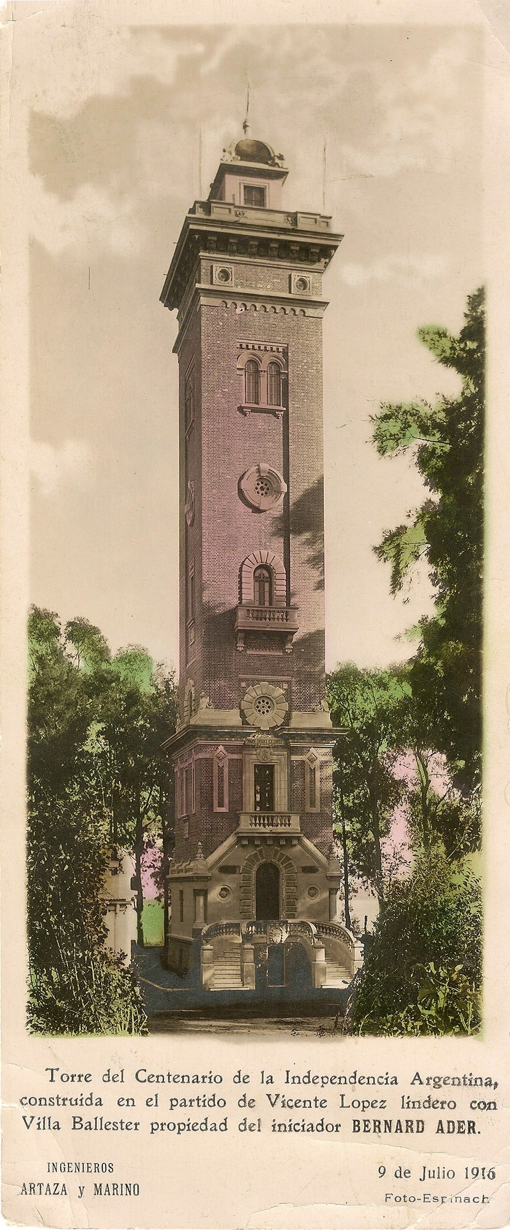 Torre Ader: aunque algunas fuentes mencionan que se inauguró el 9 de julio de 1916, según algunos descendientes de los propietarios iniciales, la Torre del Centenario de la Independencia, recién se abrió como imponente mirador de la quinta en 1917