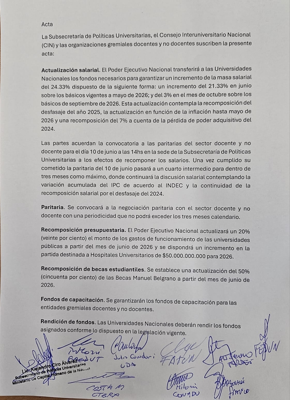 El acta del acuerdo entre el Gobierno y las universidades