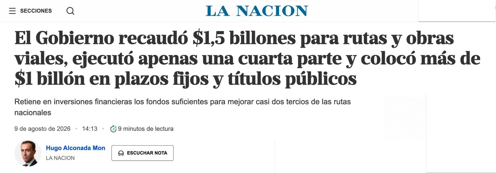 Titula de la nota del periodista Hugo Alconada Mon para LA NACION