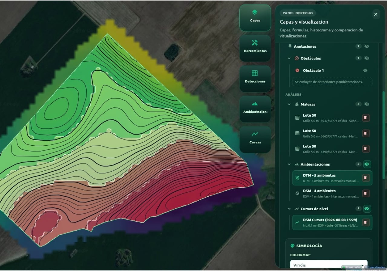 Los mapas muestran en qué sectores del lote hay malezas y permiten dirigir la aplicación de herbicidas solo a esos lugares