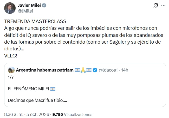 Uno de los posteos de Milei contra periodistas