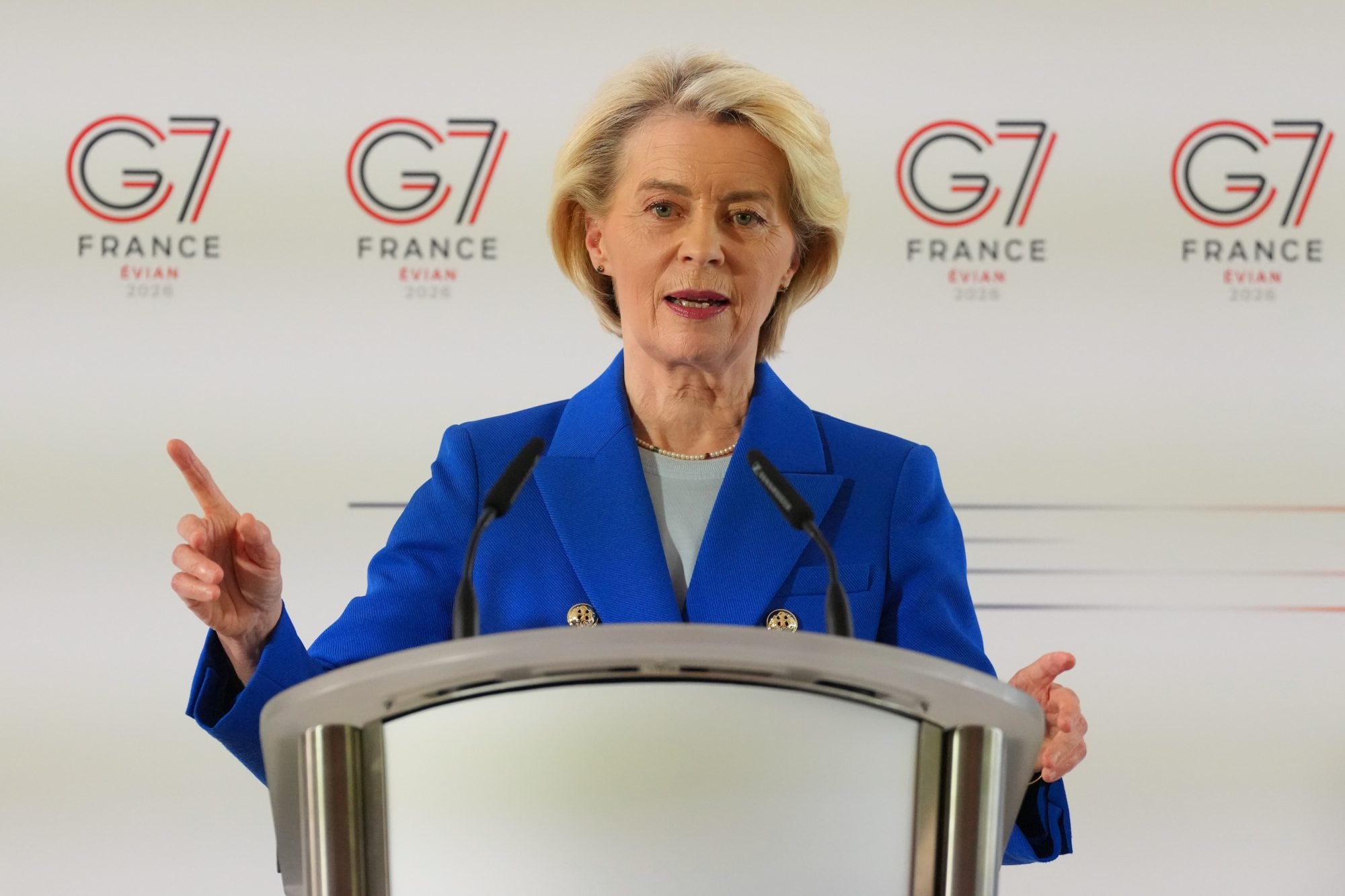European Commission President Ursula von der Leyen speaks during a media conference at the G7 summit in Evian-les-Bains, France, Monday, June 15, 2026. (AP Photo/Vadim Ghirda)