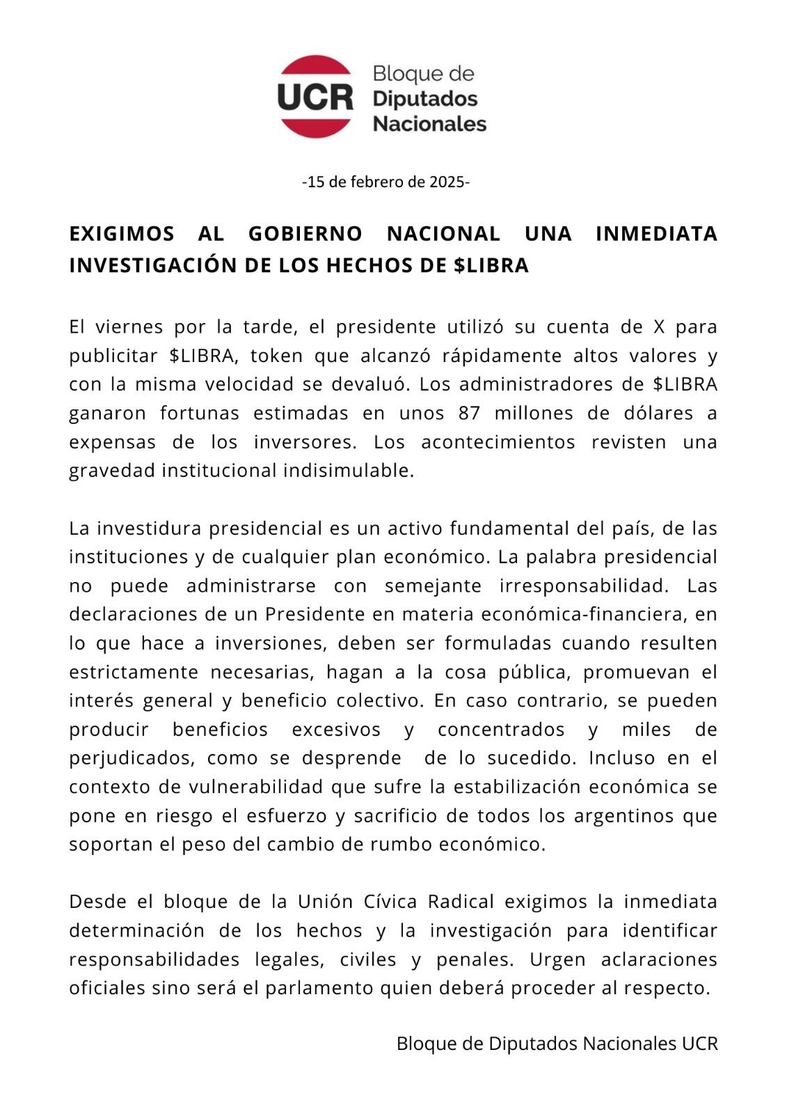 El comunicado de la UCR