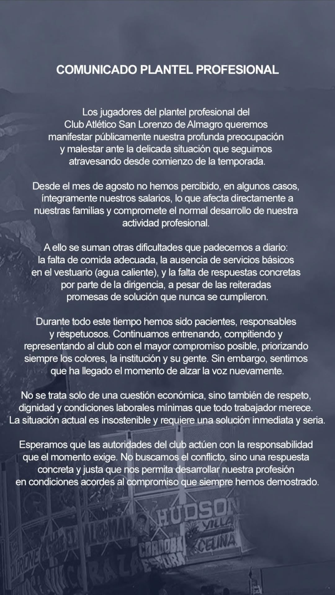 El comunicado del plantel profesional de San Lorenzo ante las promesas incumplidas de los dirigentes y una situación que consideran