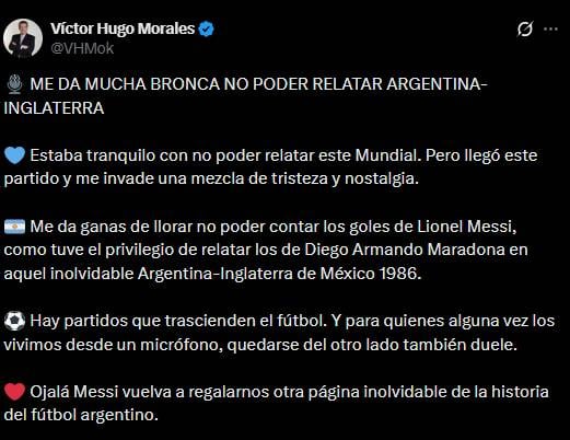 Víctor Hugo Morales lamentó que no lo hayan contratado para relatar el Mundial.