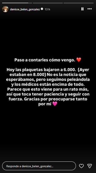 Denisse González reveló que su estado de salud continúa siendo delicado y que seguirá internada (Foto: Instagram @denisse_belen_gonzalez)
