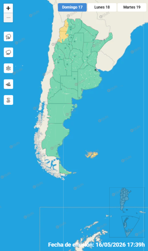 Las alertas emitidas por el SMN para este domingo 17 de mayo