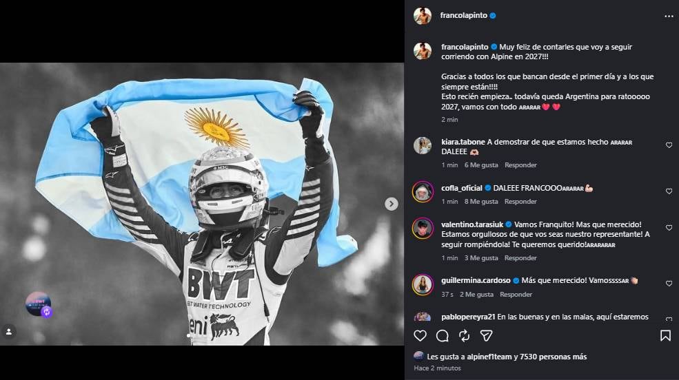 Alpine confirmó a Franco Colapinto como piloto para 2027.