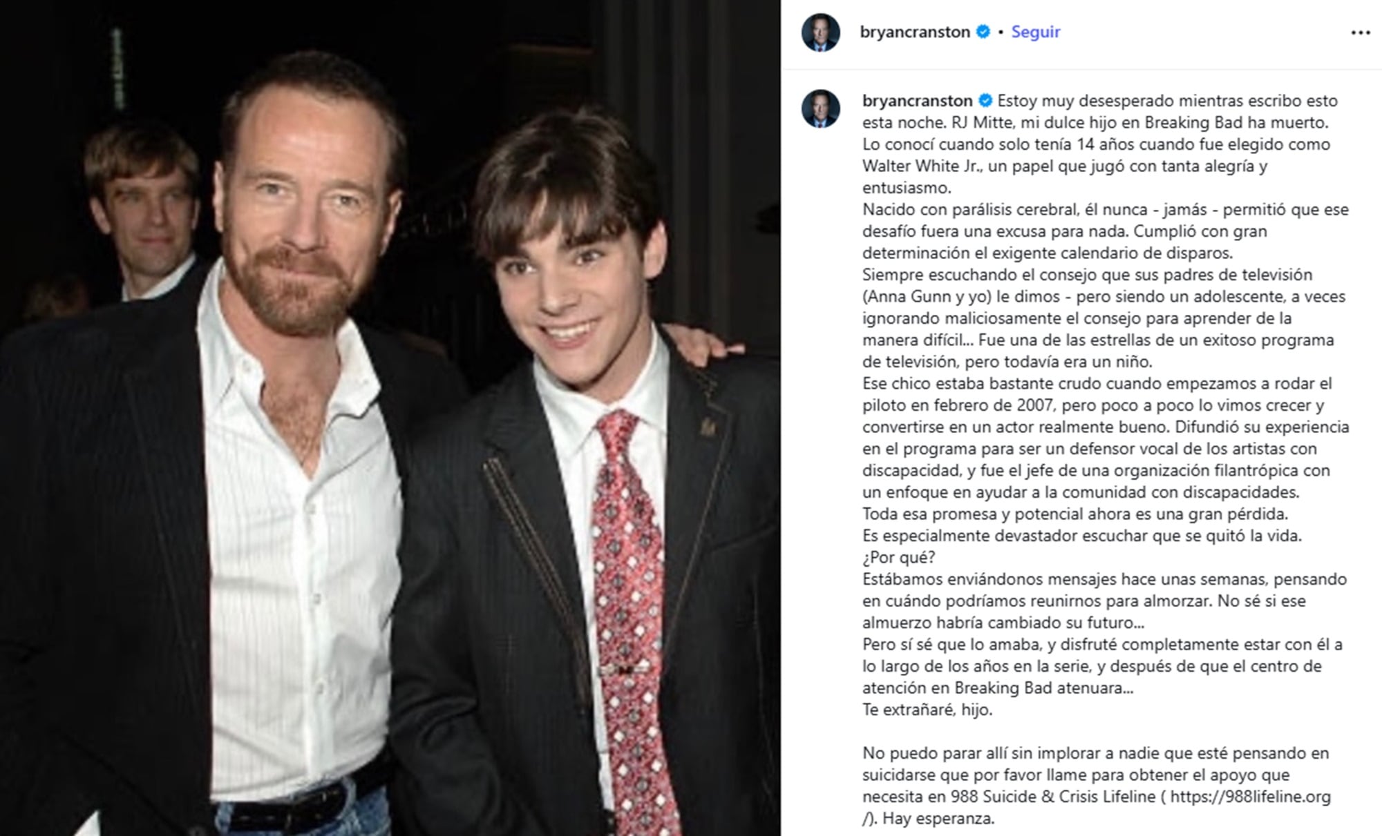 Bryan Cranston compartió una extensa carta donde detalló su último diálogo con RJ Mitte