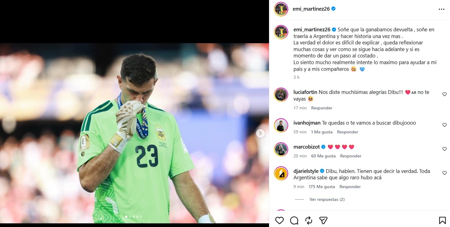 El comunicado de Emiliano Martínez en Instagram