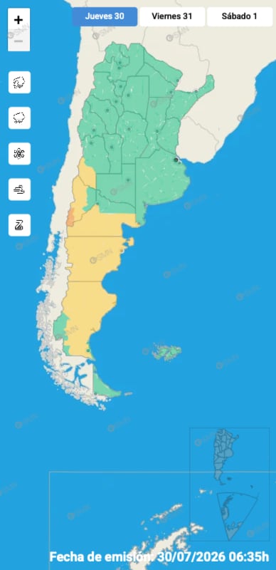El mapa de alertas del SMN para este jueves