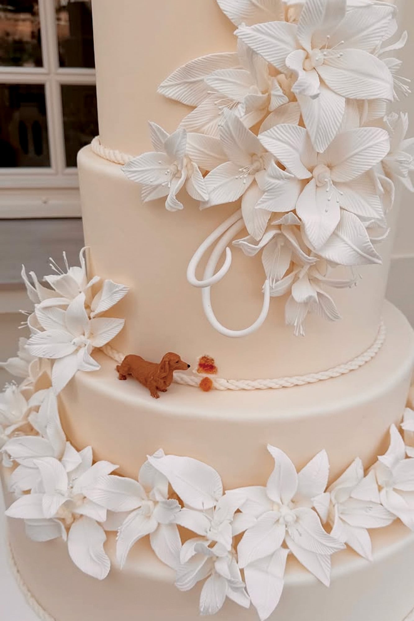 Un detalle de la la torta de tres pisos, con un mini Léo (el Dachshund de la pareja) que mordió el pastel