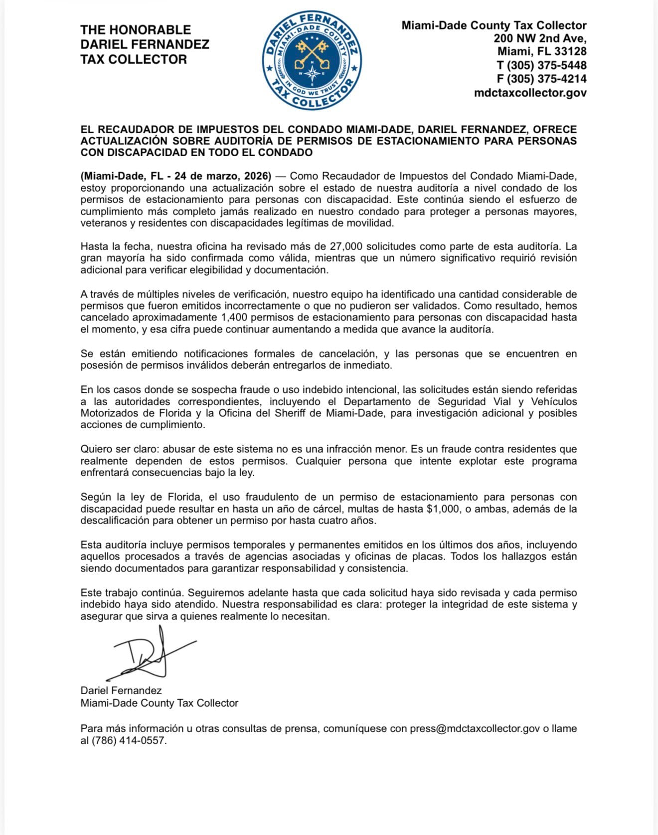 Fernández anunció que la agencia comenzó a enviar avisos formales de cancelación por correo