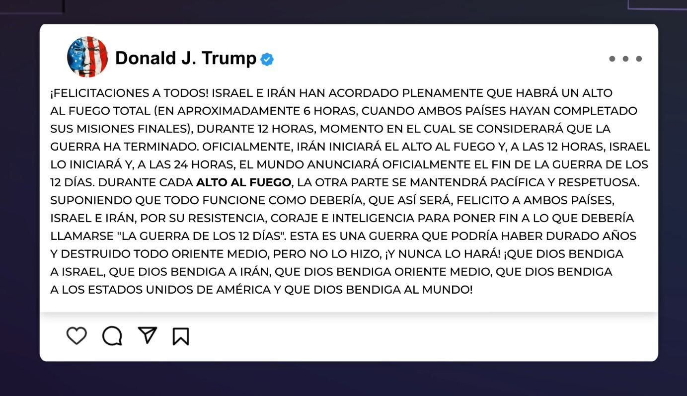 Donald Trump anunció un alto el fuego entre Israel e Irán: “La guerra se considerará terminada”