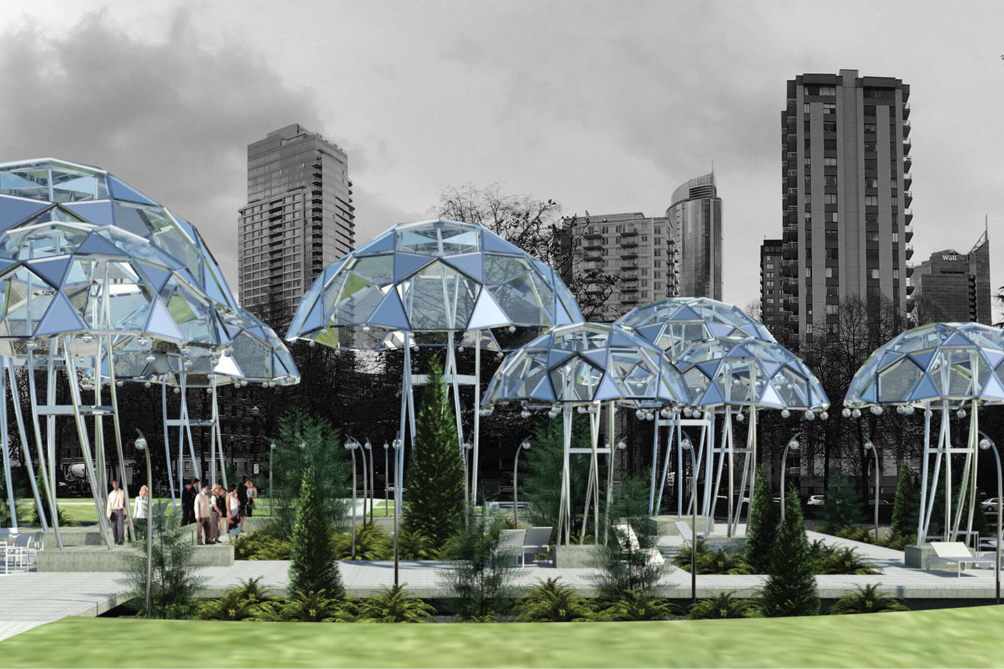 Mushroom Patch in The Urban Rainforest, proyecto reconocido en el concurso, propone pabellones inspirados en hongos que protegen de la lluvia como copas vivas.