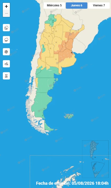 Mapa de alertas para este jueves 6 de agosto
