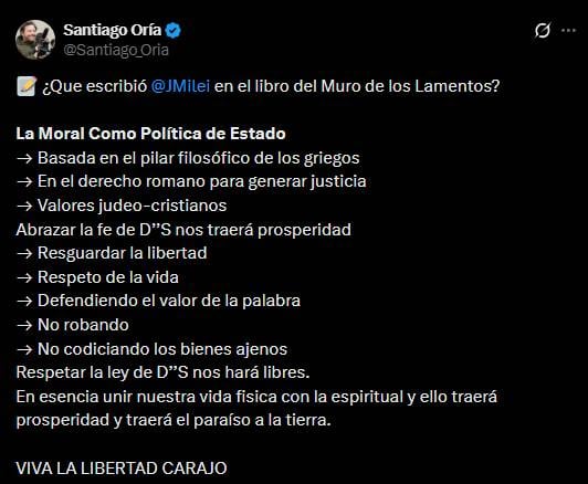 Qué escribió Milei en el libro de visitas del Muro de los Lamentos.