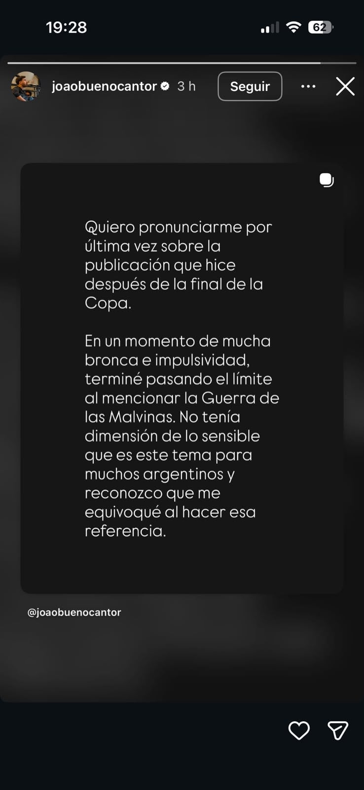 Más tarde, el artista pidió disculpas por el comentario sobre Malvinas