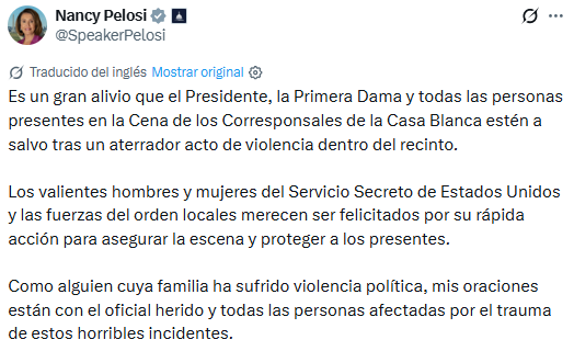 Nancy Pelosi señaló que lo ocurrido este sábado por la noche en Estados Unidos fue un