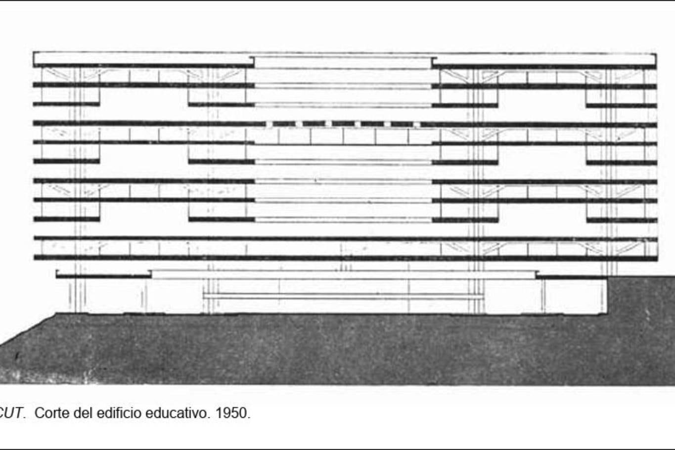 Un esquema de uno de los edificios universitarios diseñados para la Ciudad Universitaria, con capacidad para aulas, centros de investigación y también vivienda de docentes