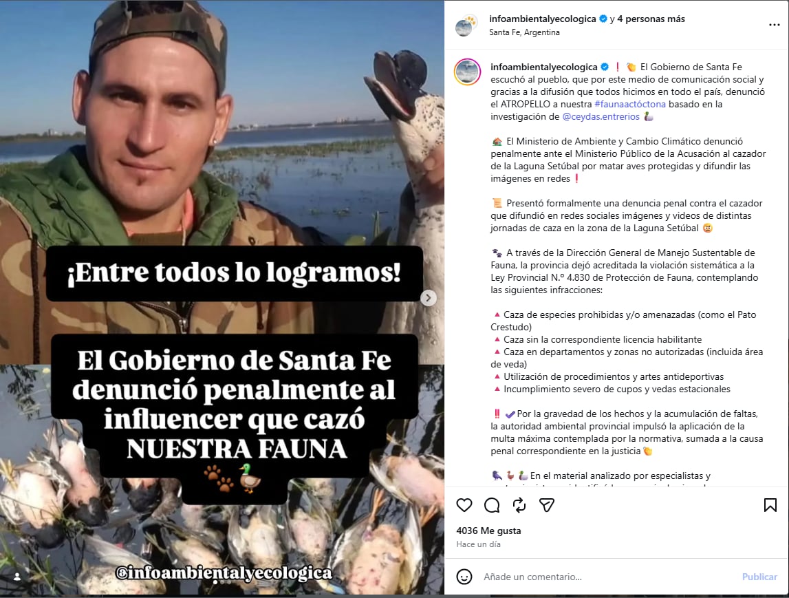 El posteo de Ceydas tras presentación de la denuncia del gobierno santafesino contra el influencer de la caza deportiva