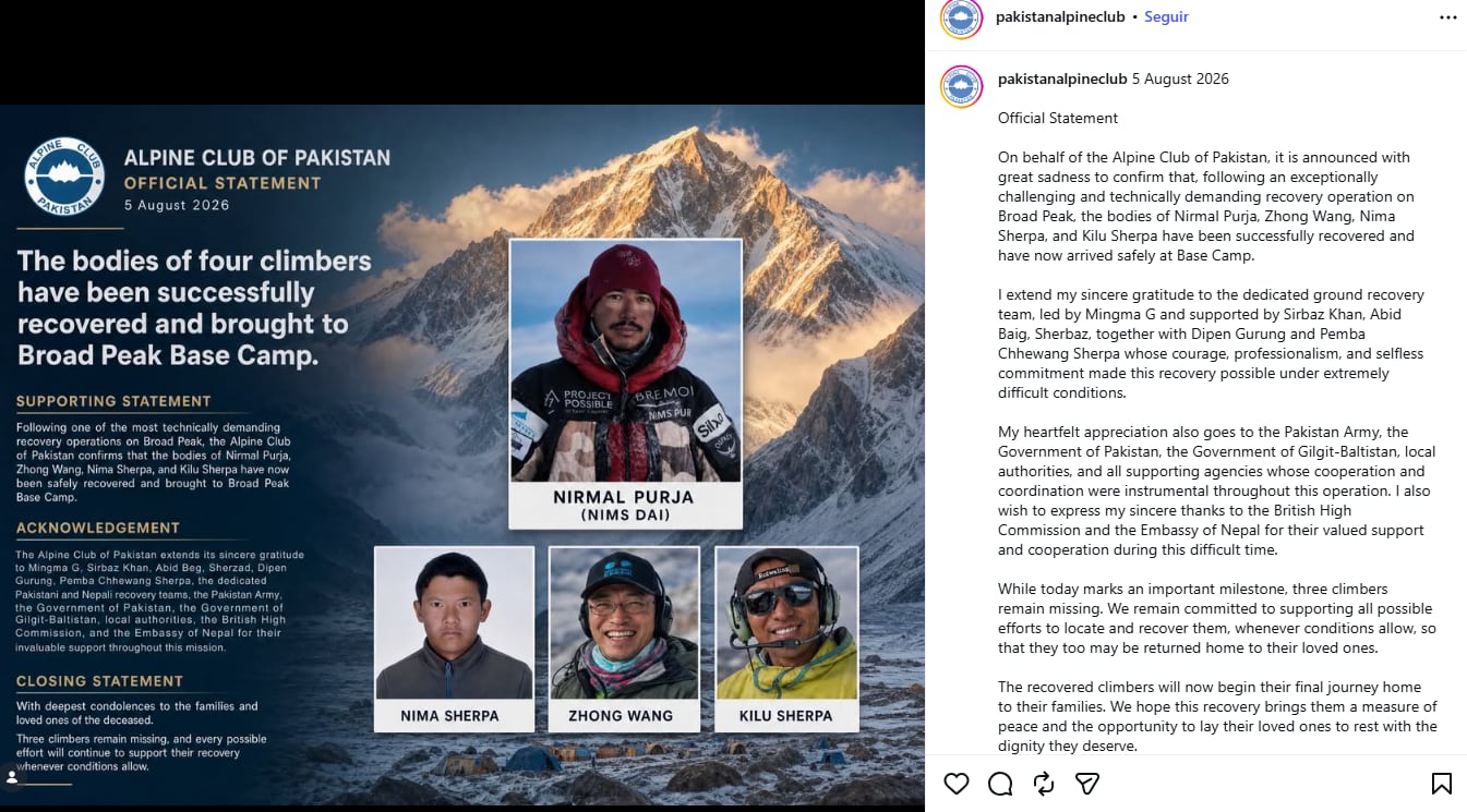 Recuperaron el cuerpo de Nirmal Purja en Pakistán: “Ahora puede emprender su viaje final de regreso a casa” 5 El comunicado del Alpine Club de Pakistán donde detallaron cómo fue la misión de recuperar los cuerpos