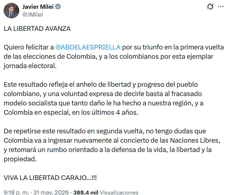 Javier Milei se pronunció ante el triunfo de Abelardo de la Espriella (Foto: Captura X/@JMilei)