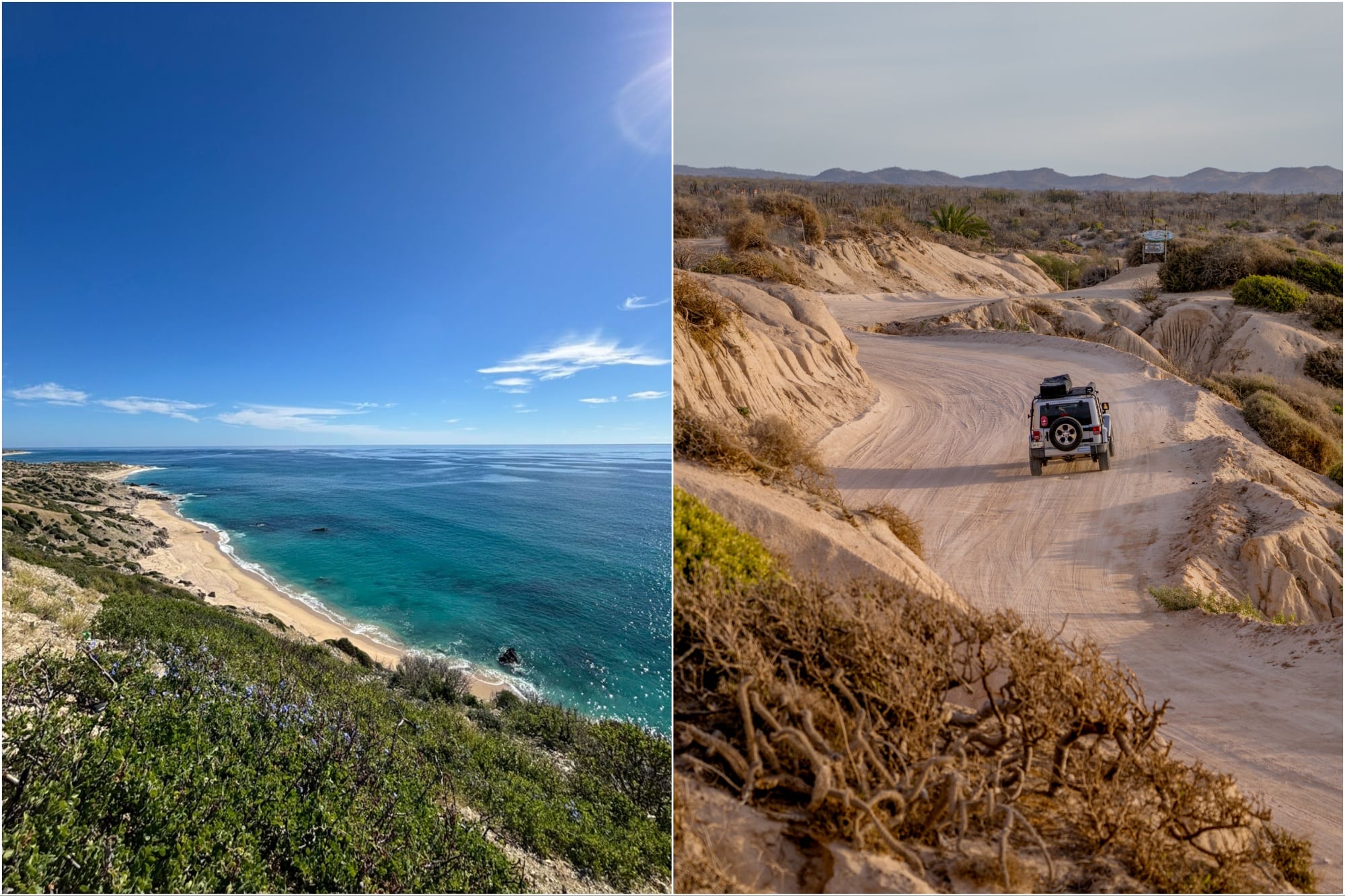 Recorrer la Baja California en una todoterreno es una gran experiencia; a la izquierda, las vistas que uno tiene cuando va de Cabo San Lucas a Cabo Pulmo
