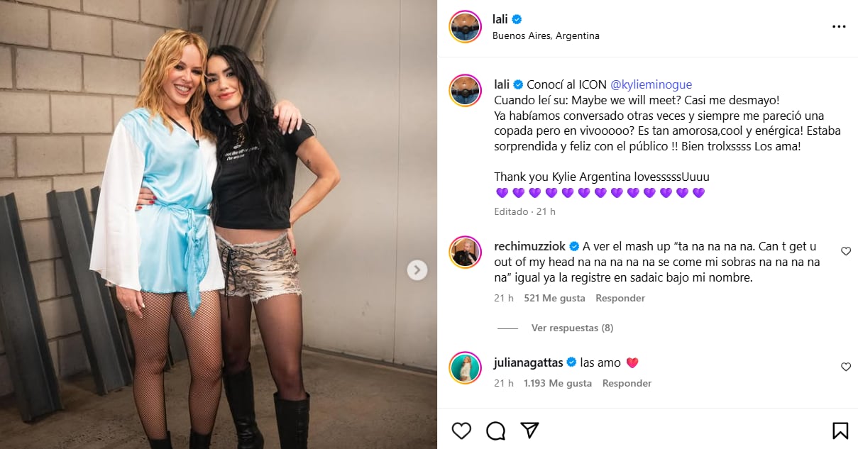 El cariñoso posteo que Lali le dedicó a Kylie en su cuenta de Instagram