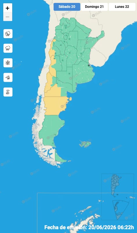 Hay alerta amarilla por vientos, Zonda y nevadas para este sábado 20 de junio: las provincias afectadas 4 El mapa de alertas del SMN para este sábado