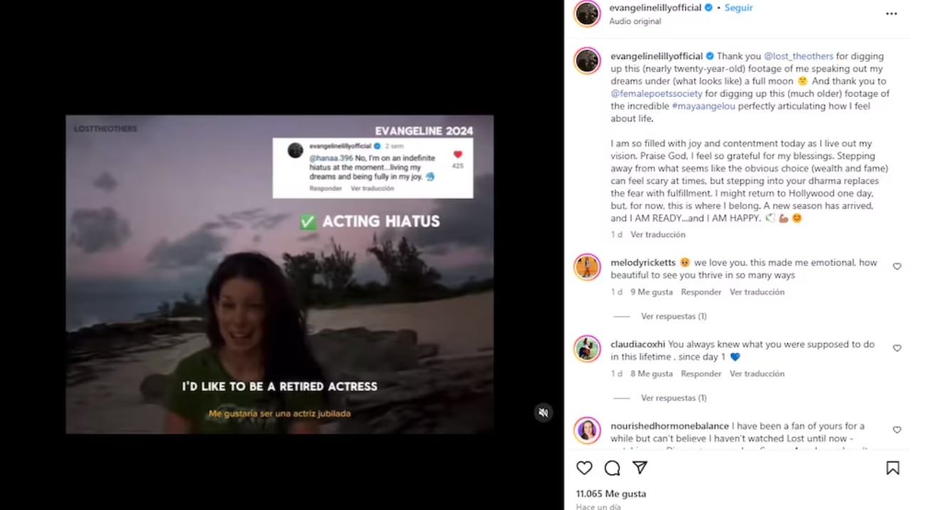 El día que Lilly sorprendió al comunicar que se alejaría de la actuación (Foto: Captura Instagram/@evangelinelillyofficial)