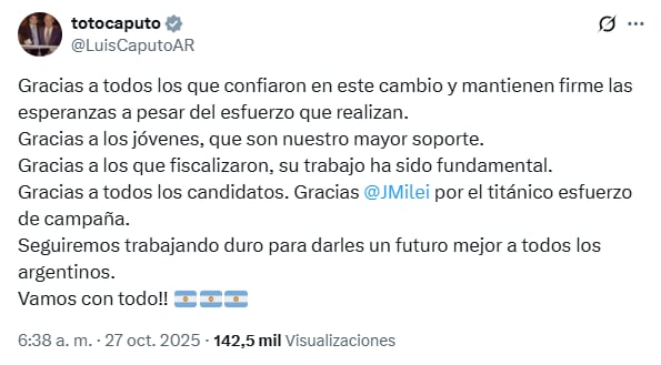 El tuit de Luis Caputo tras el triunfo de La Libertad Avanza en las elecciones legislativas 2025