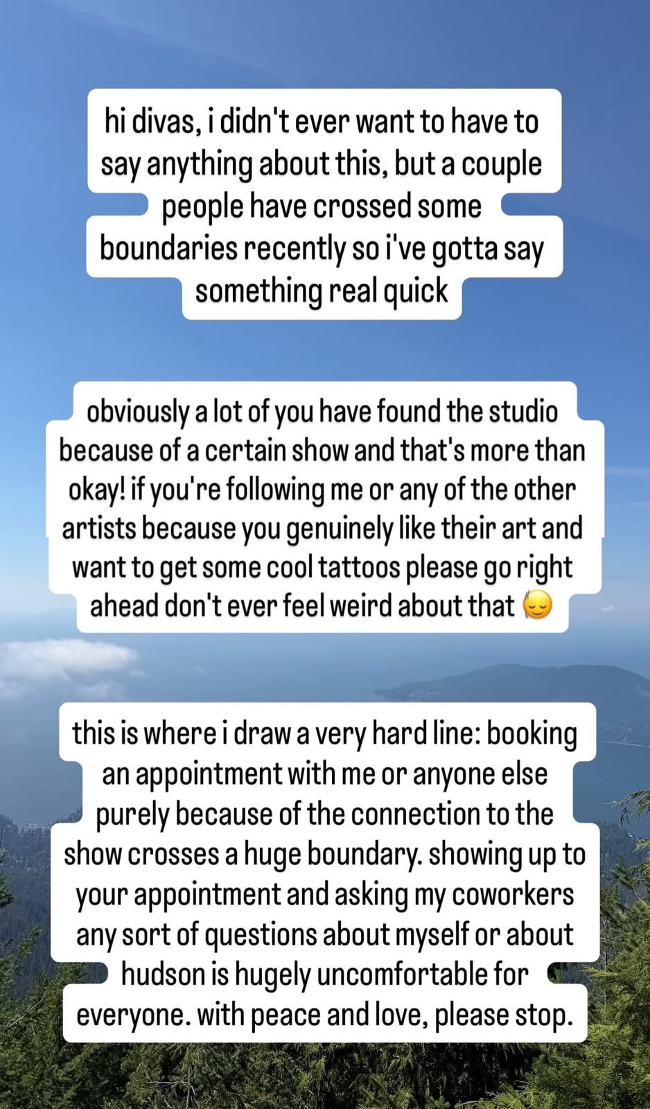 Katelyn Larson utilizó sus historias de Instagram para pedirles a los fanáticos que no reserven turnos en su estudio de tatuajes con el único objetivo de preguntar por Hudson Williams o por su relación: “Con paz y amor, por favor, paren”