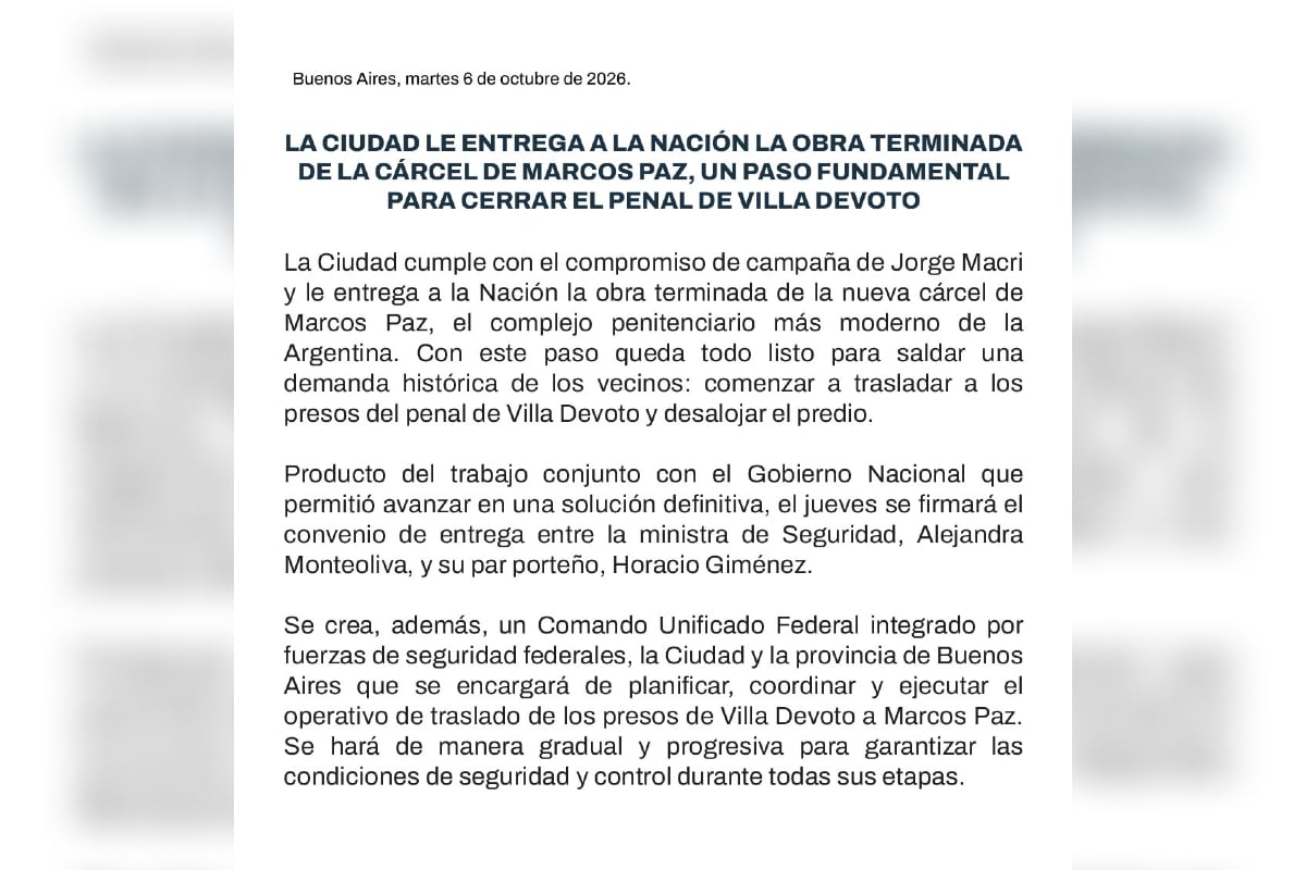 El Gobierno de la Ciudad difundió un comunicado respecto del operativo para desalojar la cárcel de Villa Devoto y trasladar a los presos a Marcos Paz