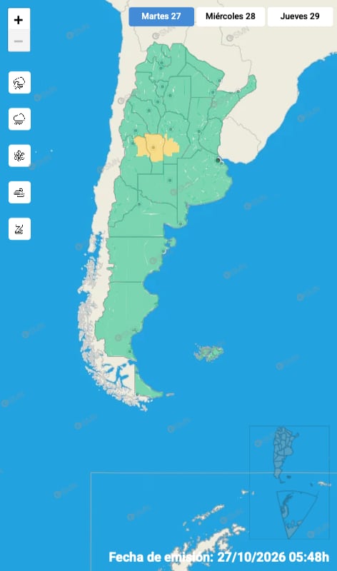El mapa de alertas del SMN para este martes