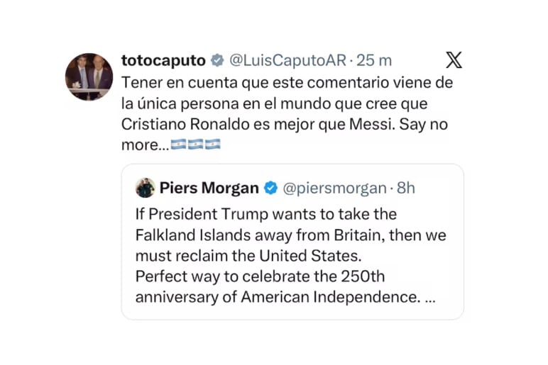 El primer cruce entre Piers Morgan y Luis Caputo por la soberanía de las Islas Malvinas