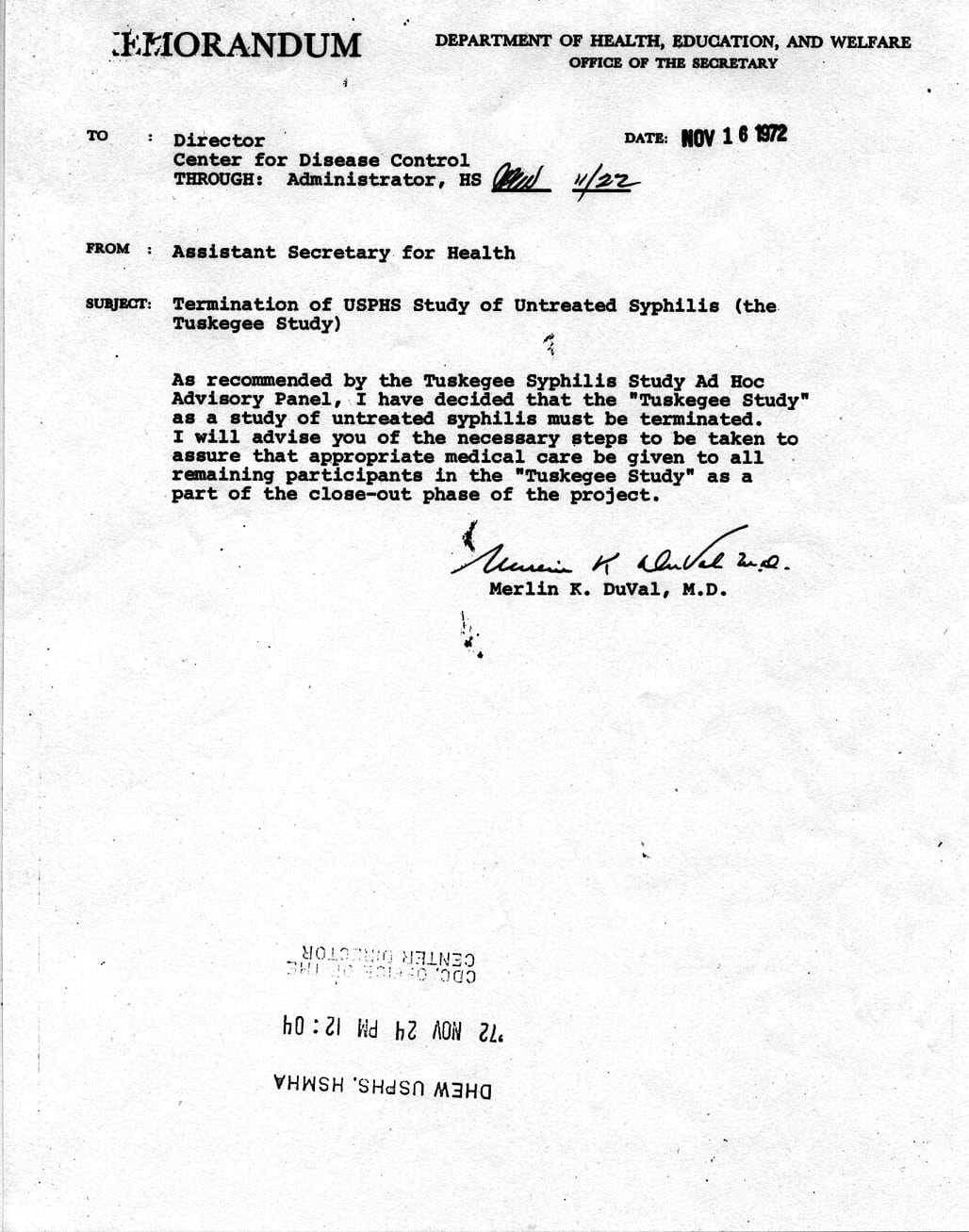 Memorandum del gobierno terminando con el estudio luego de que se publicó la nota (Foto: National Archives)