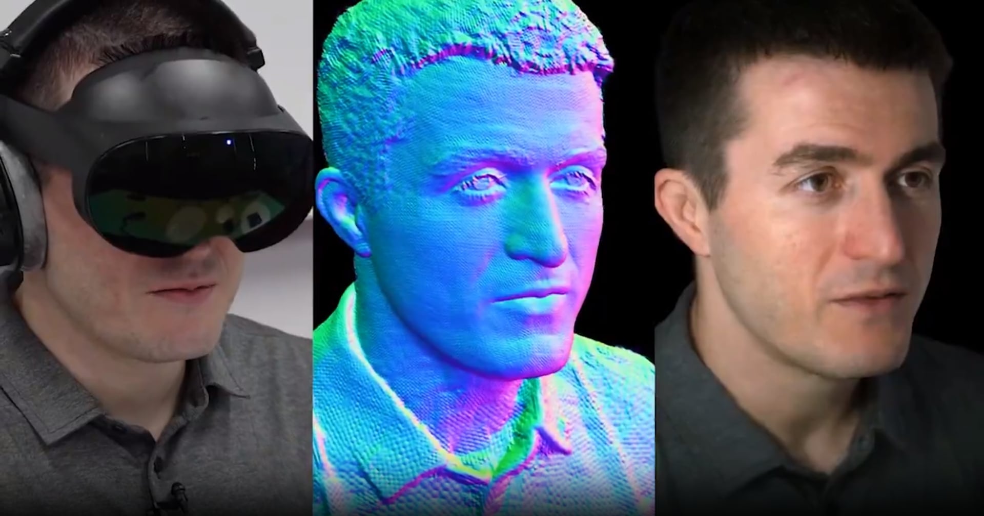 Lex Fridman con los anteojos Quest Pro, donde está viendo el avatar de Mark Zuckerberg; a su lado, la versión digital del avatar y la representación que ve Zuckerberg con sus propios anteojos