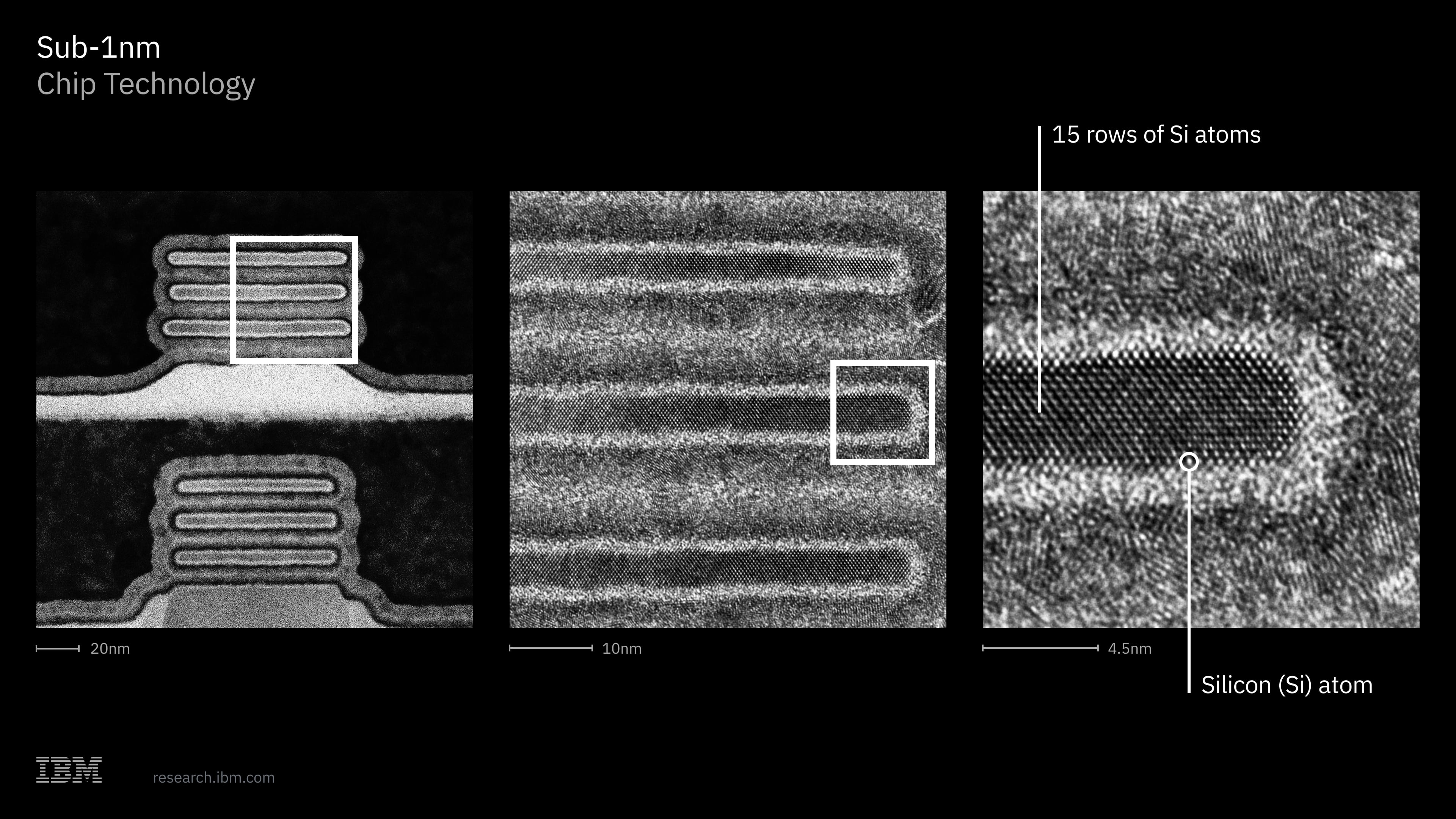 La estructura nanostack del chip diseñado por IBM, con elementos de menos de 1 nanómetro de tamaño