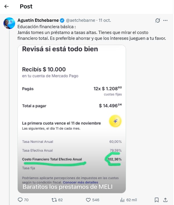 El posteo de Agustín Etchebarne en X